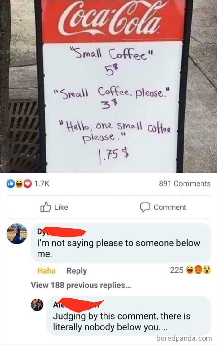 A sign shows different coffee prices based on how polite customers are, illustrating entitled folks.