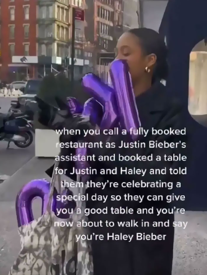 Entitled folks: A person holding purple Mylar balloons with text describing an elaborate plan to book a table at a restaurant.
