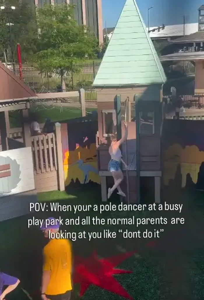 Entitled woman pole dancing in a kids playground, acting like others are extras in her world.