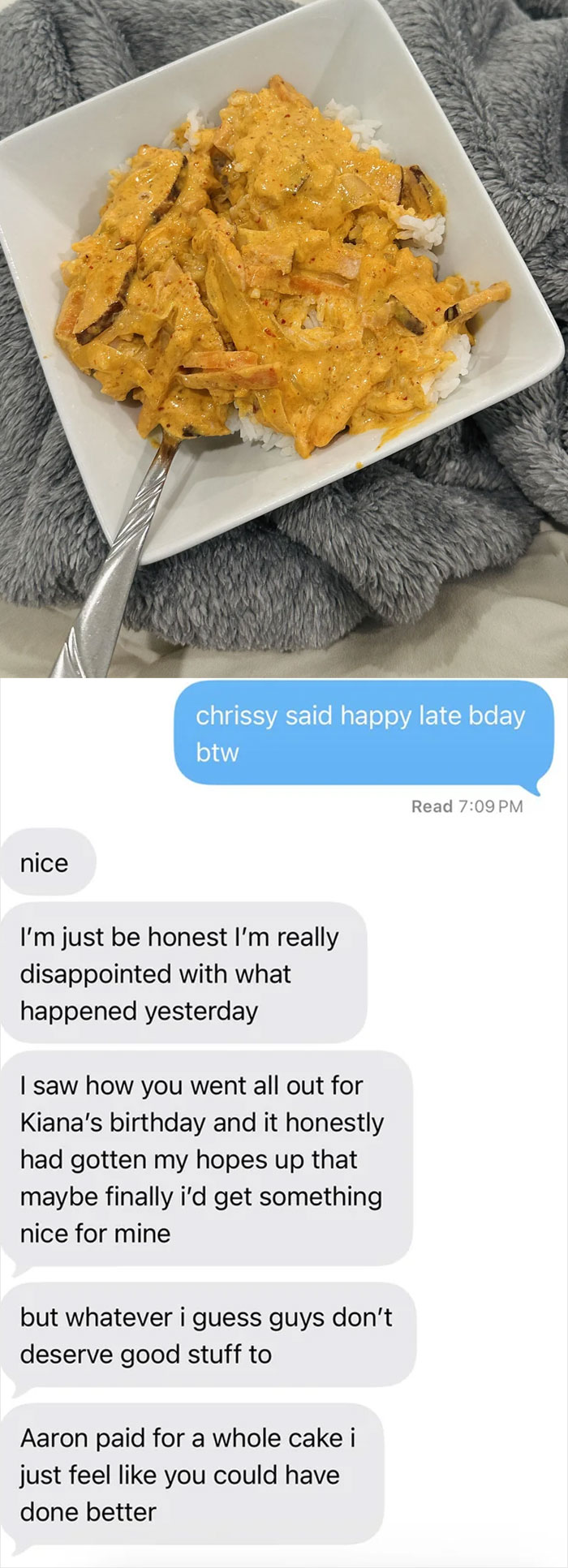 A text message exchange shows an entitled person complaining about a birthday gift, demonstrating ungratefulness.