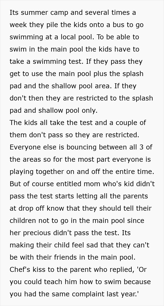 Text describing an entitled mom complaining about her kid not passing a swimming test, highlighting entitled folks.