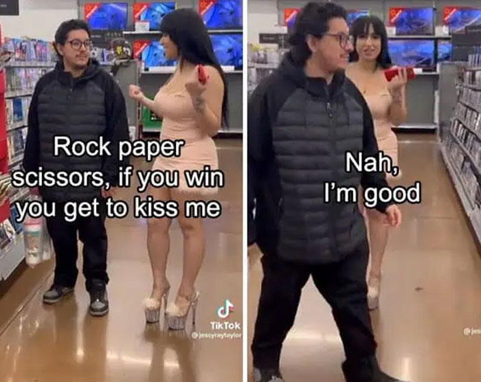 A man walking away from a woman in a store who proposes playing rock paper scissors to win a kiss, showing an entitled folk.
