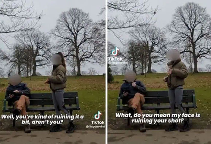 A split image shows entitled folks on a park bench, obscuring a shot, highlighting their bold behavior.