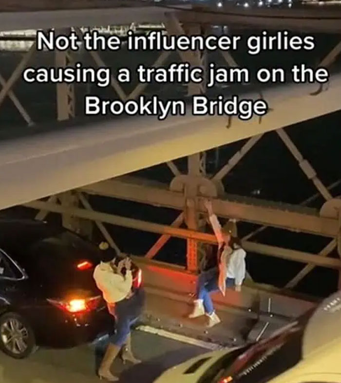 Entitled influencer girlies causing a traffic jam on the Brooklyn Bridge for a photoshoot, acting like extras.