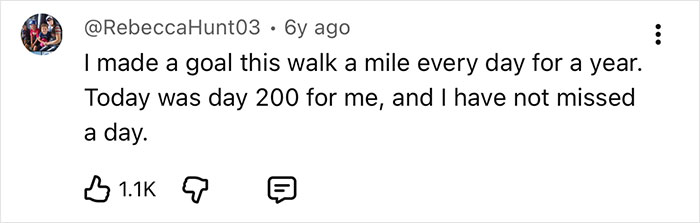 A social media comment discussing a daily mile walk goal, relating to the mental shift of consistent exercise over a year. A social media comment discussing a daily mile walk goal, relating to the mental shift of consistent exercise over a year.