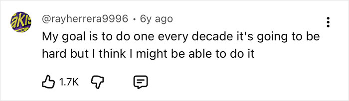 A social media comment from @rayherrera9996 about a goal to do pushups every decade. A social media comment from @rayherrera9996 about a goal to do pushups every decade.