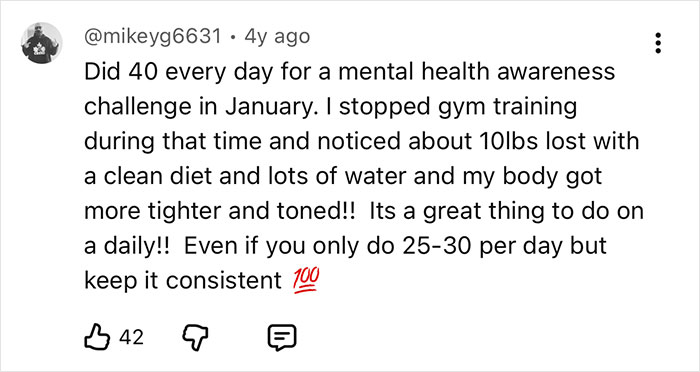 A user comment on a video, discussing a man's mental and physical shift from doing pushups over a year. A user comment on a video, discussing a man's mental and physical shift from doing pushups over a year.