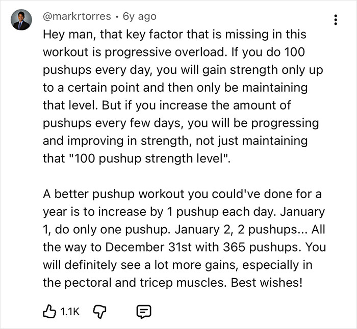A social media comment discussing progressive overload for pushups, emphasizing strength gains over a year with increased reps. A social media comment discussing progressive overload for pushups, emphasizing strength gains over a year with increased reps.
