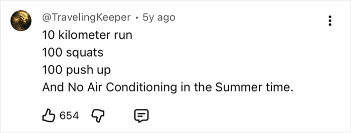 A social media comment listing a workout routine including a 10 km run, squats, and push ups, linking to the physical achievement over a year. A social media comment listing a workout routine including a 10 km run, squats, and push ups, linking to the physical achievement over a year.