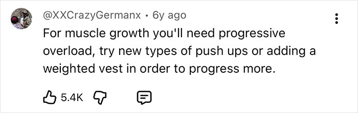 A comment discussing progressive overload for muscle growth, relevant to the physical challenge of 36,500 pushups. A comment discussing progressive overload for muscle growth, relevant to the physical challenge of 36,500 pushups.