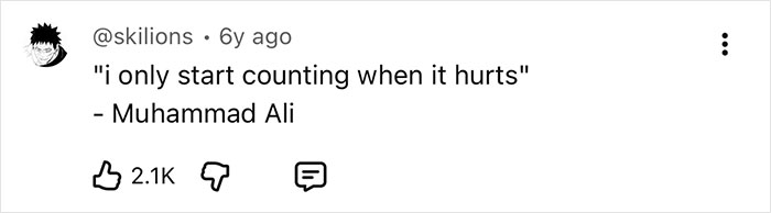 A social media comment from @skilions quoting Muhammad Ali about counting when it hurts during pushups. A social media comment from @skilions quoting Muhammad Ali about counting when it hurts during pushups.