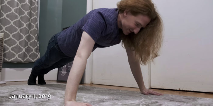 Man starting his pushups challenge on January 1, 2019, beginning a year-long physical and mental shift. Man starting his pushups challenge on January 1, 2019, beginning a year-long physical and mental shift.