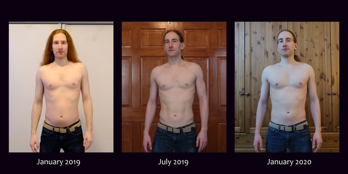 Before and after comparison of a man's physical transformation after completing 36,500 pushups over a year. Before and after comparison of a man's physical transformation after completing 36,500 pushups over a year.