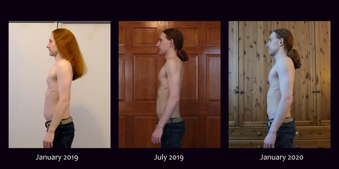 Side profile comparison of a man's physical transformation from his year-long pushups challenge. Side profile comparison of a man's physical transformation from his year-long pushups challenge.