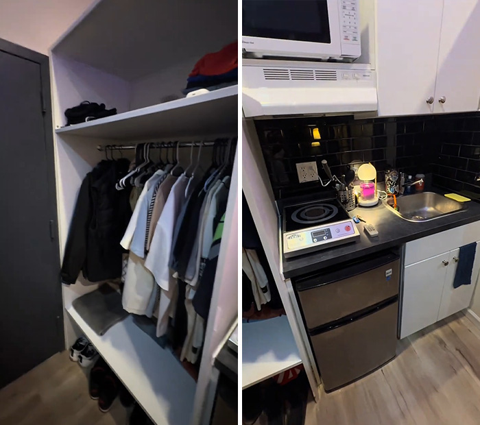 A closet full of clothes and a compact kitchen area in a 90-square-foot NYC apartment, highlighting small living. A closet full of clothes and a compact kitchen area in a 90-square-foot NYC apartment, highlighting small living.