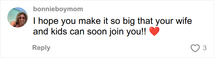 A social media comment from bonnieboymom wishing the man living in the NYC apartment future success. A social media comment from bonnieboymom wishing the man living in the NYC apartment future success.