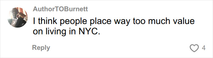A comment discussing the perceived overvaluation of living in an NYC apartment, despite the harsh reality. A comment discussing the perceived overvaluation of living in an NYC apartment, despite the harsh reality.