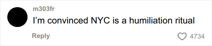 A comment reflecting on the harsh reality of living in a 90-square-foot NYC apartment as a humiliation ritual. A comment reflecting on the harsh reality of living in a 90-square-foot NYC apartment as a humiliation ritual.