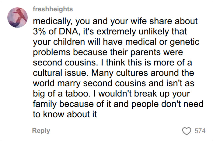 A detailed social media comment by user freshheights, providing advice to the man who married his cousin. A detailed social media comment by user freshheights, providing advice to the man who married his cousin.