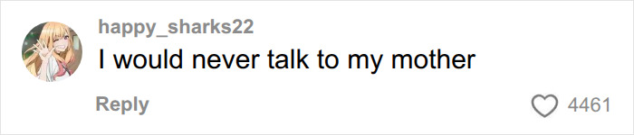 A social media comment from user happy_sharks22 expressing they would never talk to their mother after a raunchy baby shower.