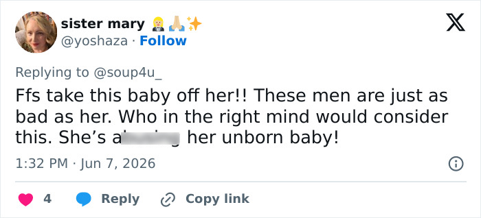 Bonnie Blue's raunchy baby shower: A tweet expressing concern about the baby and the event.