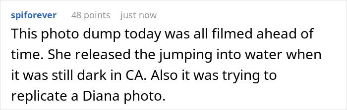 A social media comment alleging Meghan Markle's birthday post was filmed ahead of time, replicating a Diana photo. A social media comment alleging Meghan Markle's birthday post was filmed ahead of time, replicating a Diana photo.