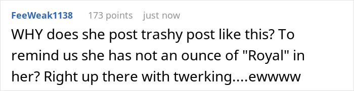 A comment criticizing Meghan Markle's birthday post as trashy and lacking royal demeanor. A comment criticizing Meghan Markle's birthday post as trashy and lacking royal demeanor.