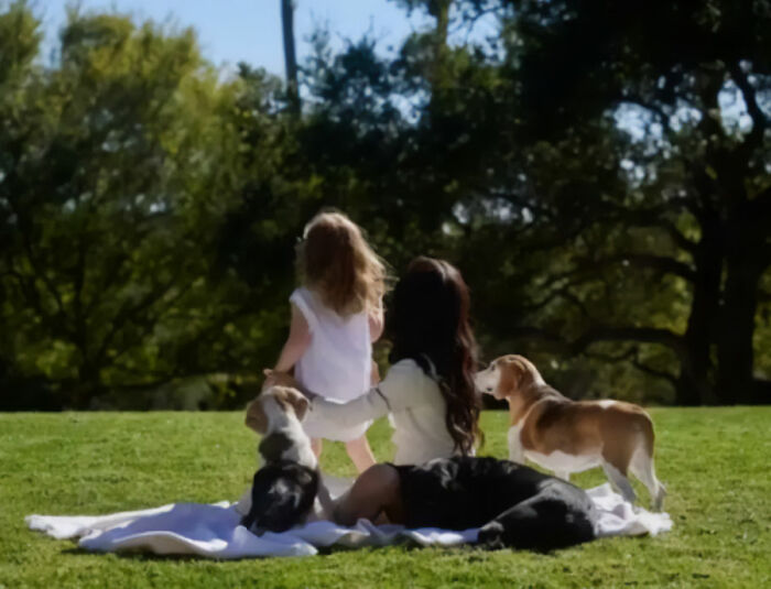 Meghan Markle sits on a blanket with a child and dogs on grass, relating to Meghan Markle and Prince Harry's return to UK. Meghan Markle sits on a blanket with a child and dogs on grass, relating to Meghan Markle and Prince Harry's return to UK.