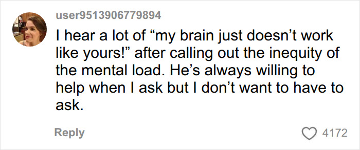 A social media comment from user951390677984 on the inequity of mental load in relationships. A social media comment from user951390677984 on the inequity of mental load in relationships.
