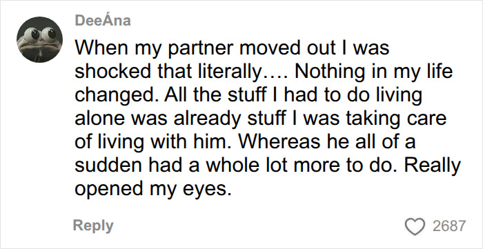 A social media comment discusses how nothing changed for a woman after her partner moved out, highlighting the mental load in relationships. A social media comment discusses how nothing changed for a woman after her partner moved out, highlighting the mental load in relationships.