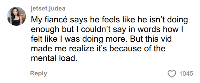 A social media comment discussing mental load in relationships, where a woman realizes her fiancé's feelings align with her own. A social media comment discussing mental load in relationships, where a woman realizes her fiancé's feelings align with her own.