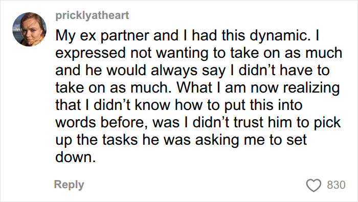 A user's comment about her ex-partner and the dynamic of mental load in their relationship. A user's comment about her ex-partner and the dynamic of mental load in their relationship.