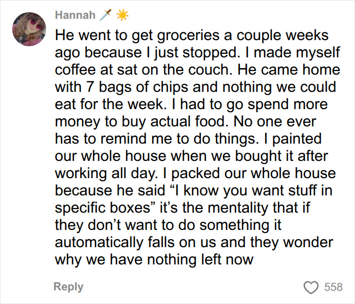 A social media comment from a woman explaining how she stopped doing household tasks, revealing how the mental load affects relationships. A social media comment from a woman explaining how she stopped doing household tasks, revealing how the mental load affects relationships.