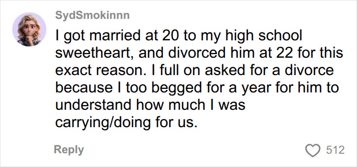 A woman describes her divorce at 22, citing the mental load in relationships as a key factor. A woman describes her divorce at 22, citing the mental load in relationships as a key factor.