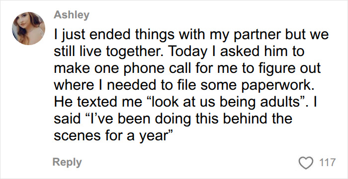 Ashley's comment on the viral take on mental load in relationships, sharing a personal experience about unequal effort. Ashley's comment on the viral take on mental load in relationships, sharing a personal experience about unequal effort.