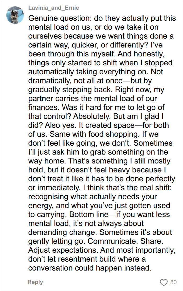 A lengthy Twitter comment discussing the mental load in relationships, suggesting communication and letting go. A lengthy Twitter comment discussing the mental load in relationships, suggesting communication and letting go.