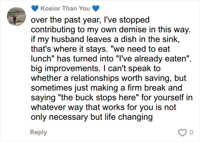 A social media comment by Kosior Than You discussing changes in her approach to mental load in relationships. A social media comment by Kosior Than You discussing changes in her approach to mental load in relationships.