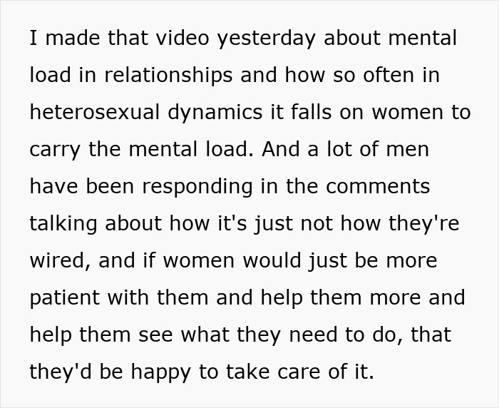 Text explaining how mental load in relationships often falls on women, leading to men's resistance. Text explaining how mental load in relationships often falls on women, leading to men's resistance.