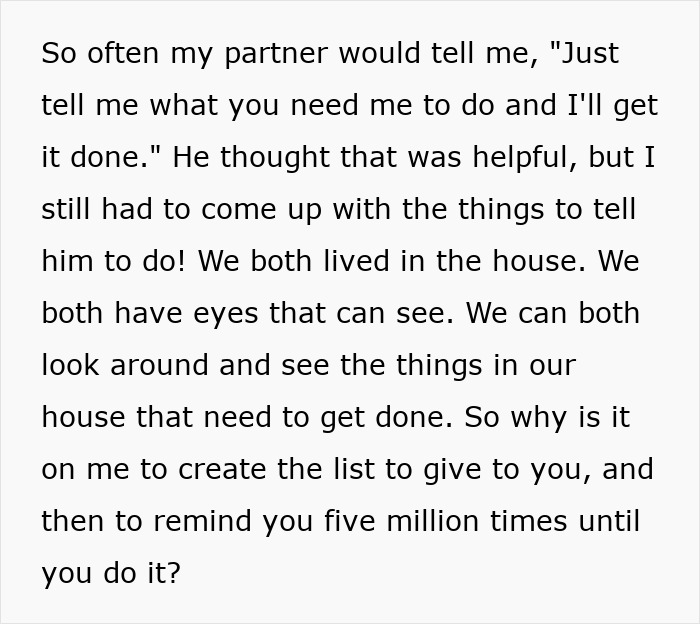 Text about mental load in relationships, detailing the frustration of women having to manage household tasks. Text about mental load in relationships, detailing the frustration of women having to manage household tasks.