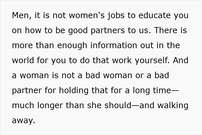 Text discussing mental load, stating it is not women's job to educate men on being good partners in relationships. Text discussing mental load, stating it is not women's job to educate men on being good partners in relationships.