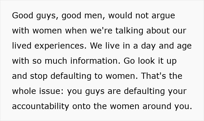 Text discussing accountability and mental load, urging men to not default responsibility onto women. Text discussing accountability and mental load, urging men to not default responsibility onto women.