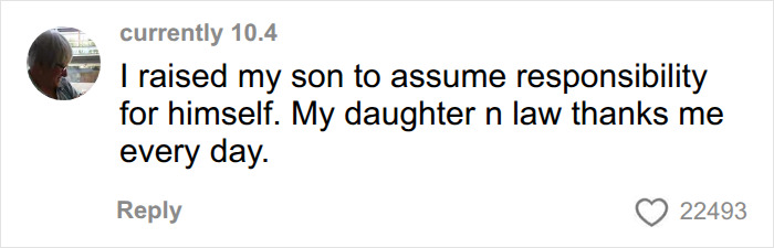A user comments on raising her son to be responsible, impacting the mental load in relationships. A user comments on raising her son to be responsible, impacting the mental load in relationships.