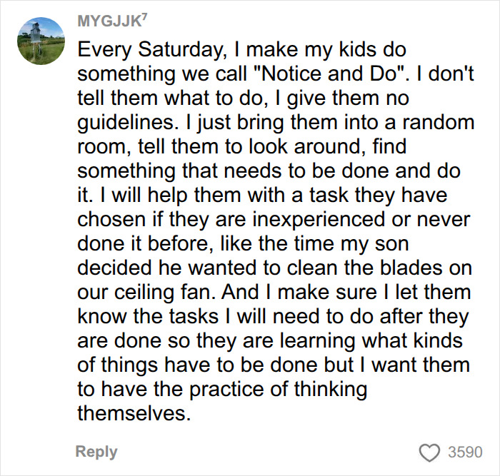User MYGJJJ7 explains a strategy called Notice and Do for teaching kids about the mental load in relationships. User MYGJJJ7 explains a strategy called Notice and Do for teaching kids about the mental load in relationships.