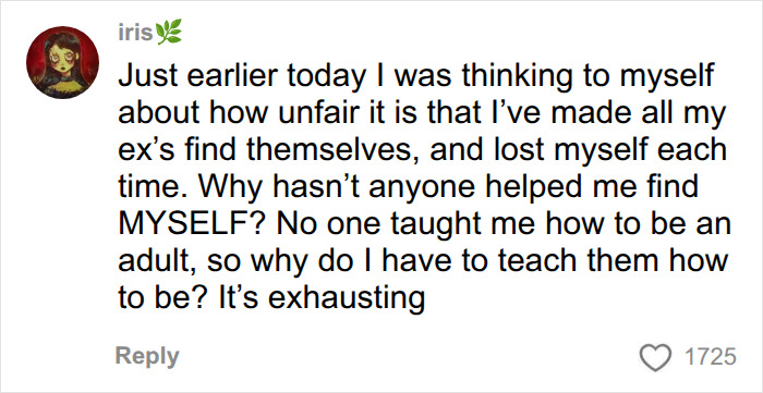 A social media comment from Iris expressing the mental load in relationships and exhaustion. A social media comment from Iris expressing the mental load in relationships and exhaustion.