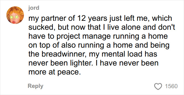 A social media comment from Jord about reduced mental load in relationships after a breakup. A social media comment from Jord about reduced mental load in relationships after a breakup.