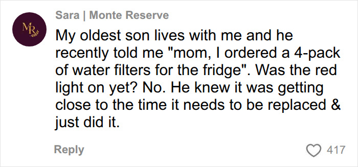 Sara shares a viral take on mental load in relationships, noting her son's initiative in ordering water filters. Sara shares a viral take on mental load in relationships, noting her son's initiative in ordering water filters.