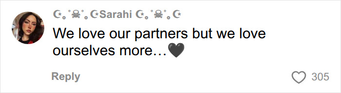 A comment on mental load in relationships: User Sarahi expresses loving partners but loving oneself more. A comment on mental load in relationships: User Sarahi expresses loving partners but loving oneself more.