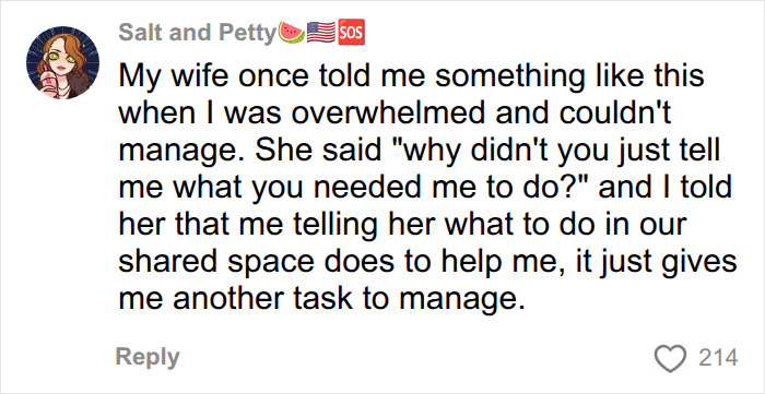A comment on mental load in relationships: Salt and Petty recounts wife's question about tasks. A comment on mental load in relationships: Salt and Petty recounts wife's question about tasks.