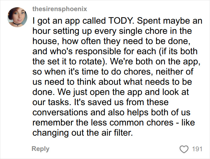 A social media post about using an app to manage the mental load of chores in relationships. A social media post about using an app to manage the mental load of chores in relationships.