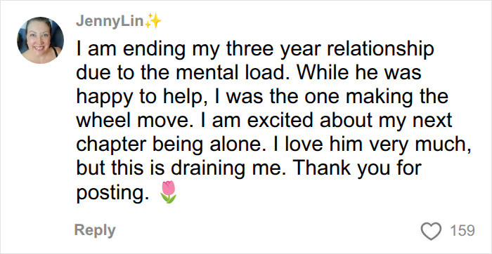 A social media post from JennyLin explaining her decision to end a relationship due to the mental load. A social media post from JennyLin explaining her decision to end a relationship due to the mental load.